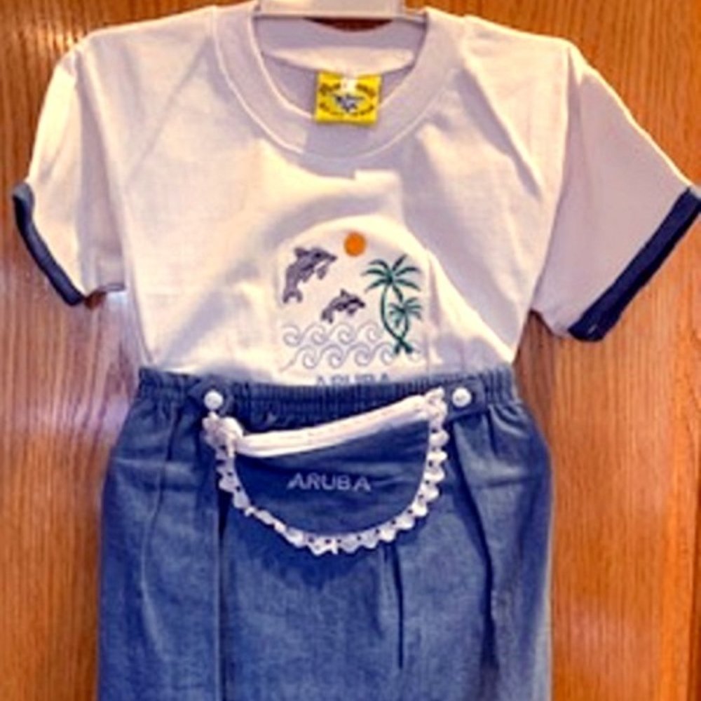 NWT ARUBA Flying Fish Girl Dolphin T-Shirt & Denim Blue Skirt & Zip Bag Set